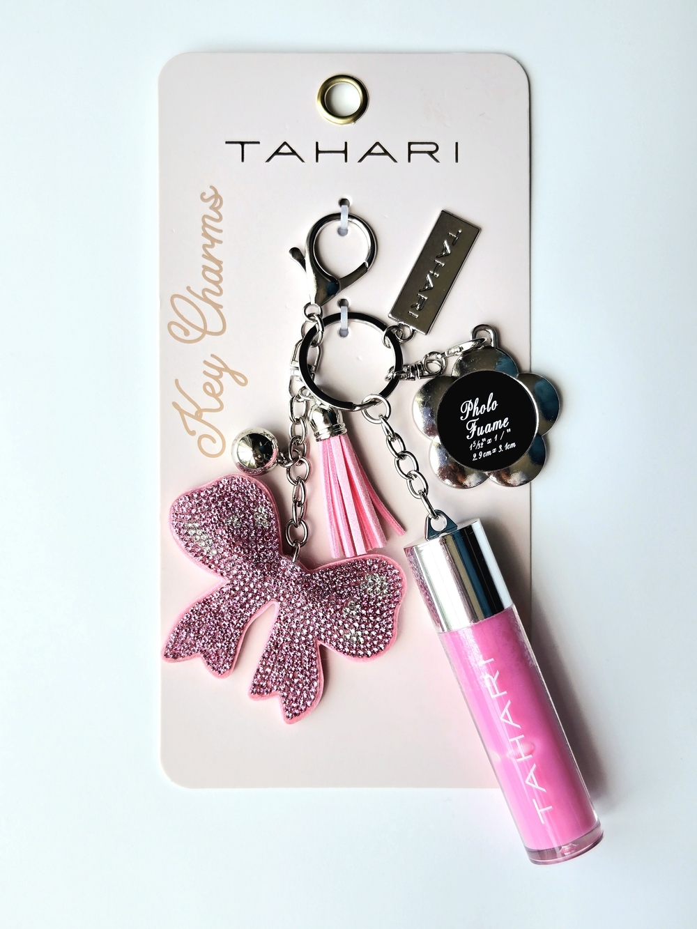 Tahari Pink Rhinestone Bow Keychain Lip Gloss & Photo Frame Bag Charm, Tassel